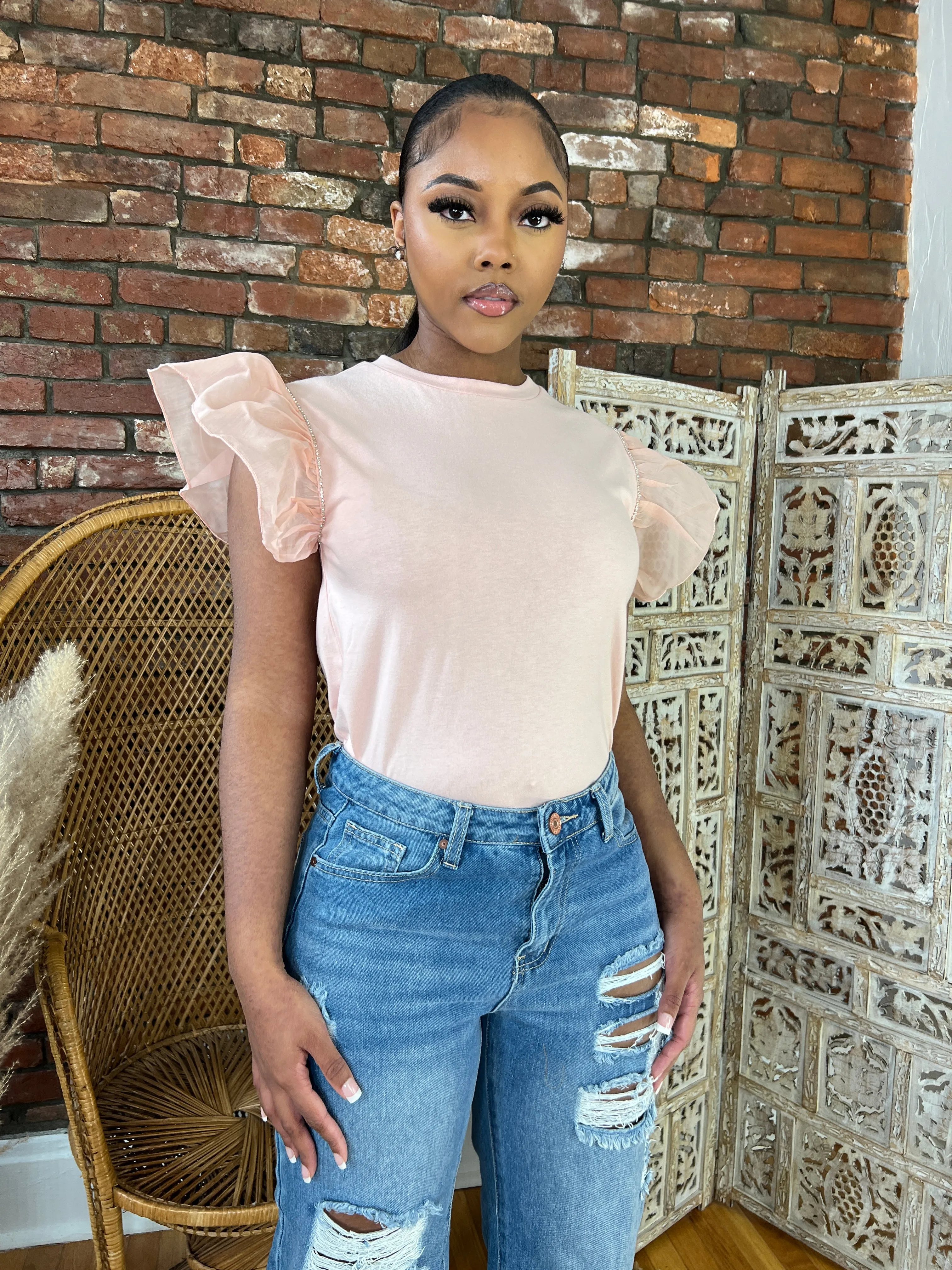 Ruffle Sleeve Tee- Pink