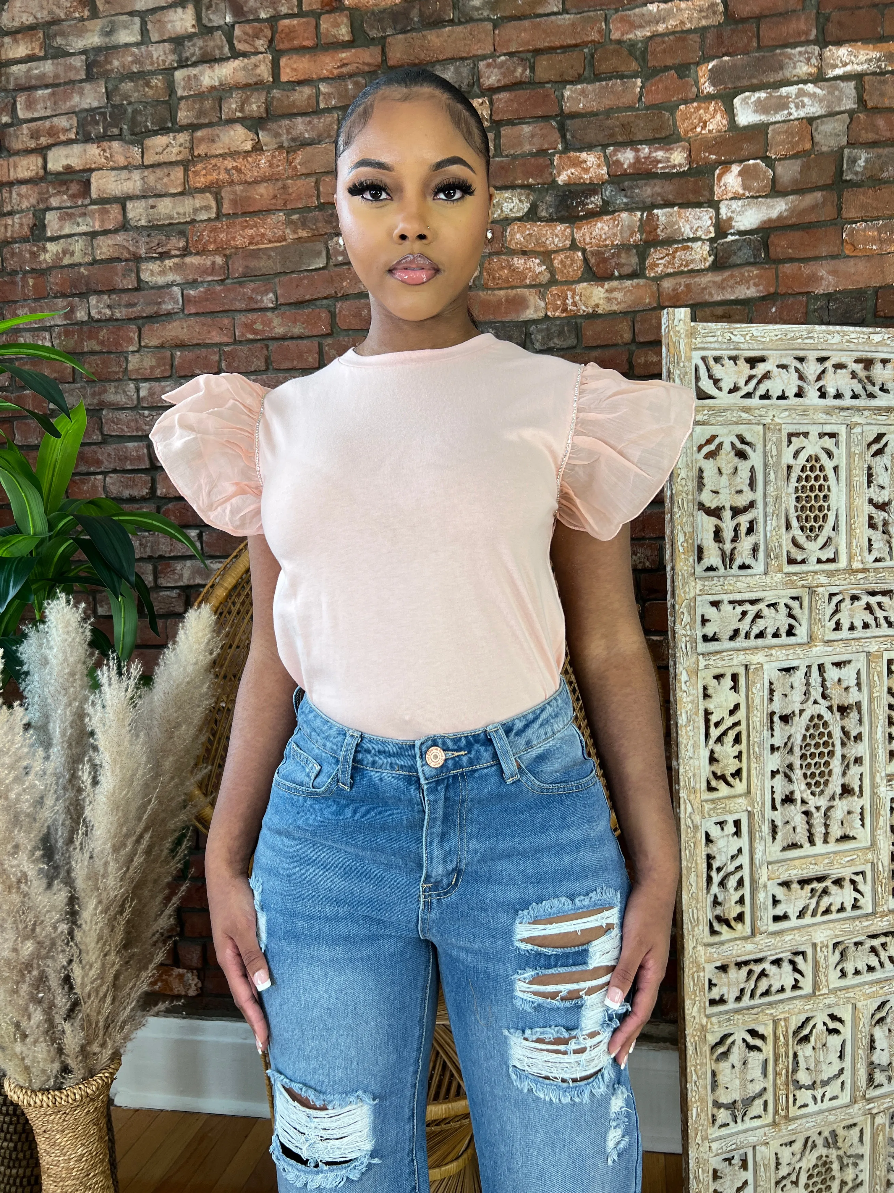 Ruffle Sleeve Tee- Pink