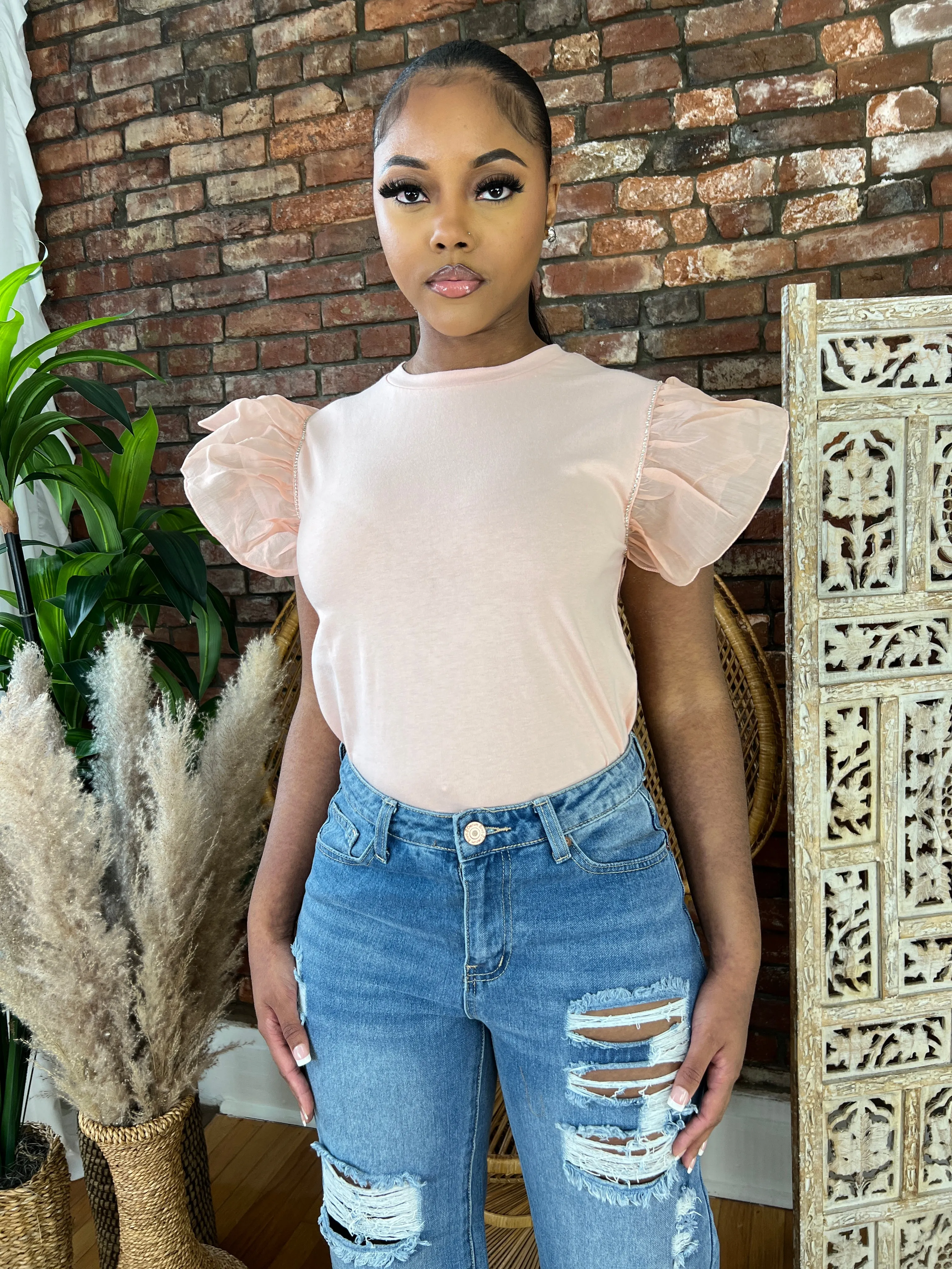 Ruffle Sleeve Tee- Pink