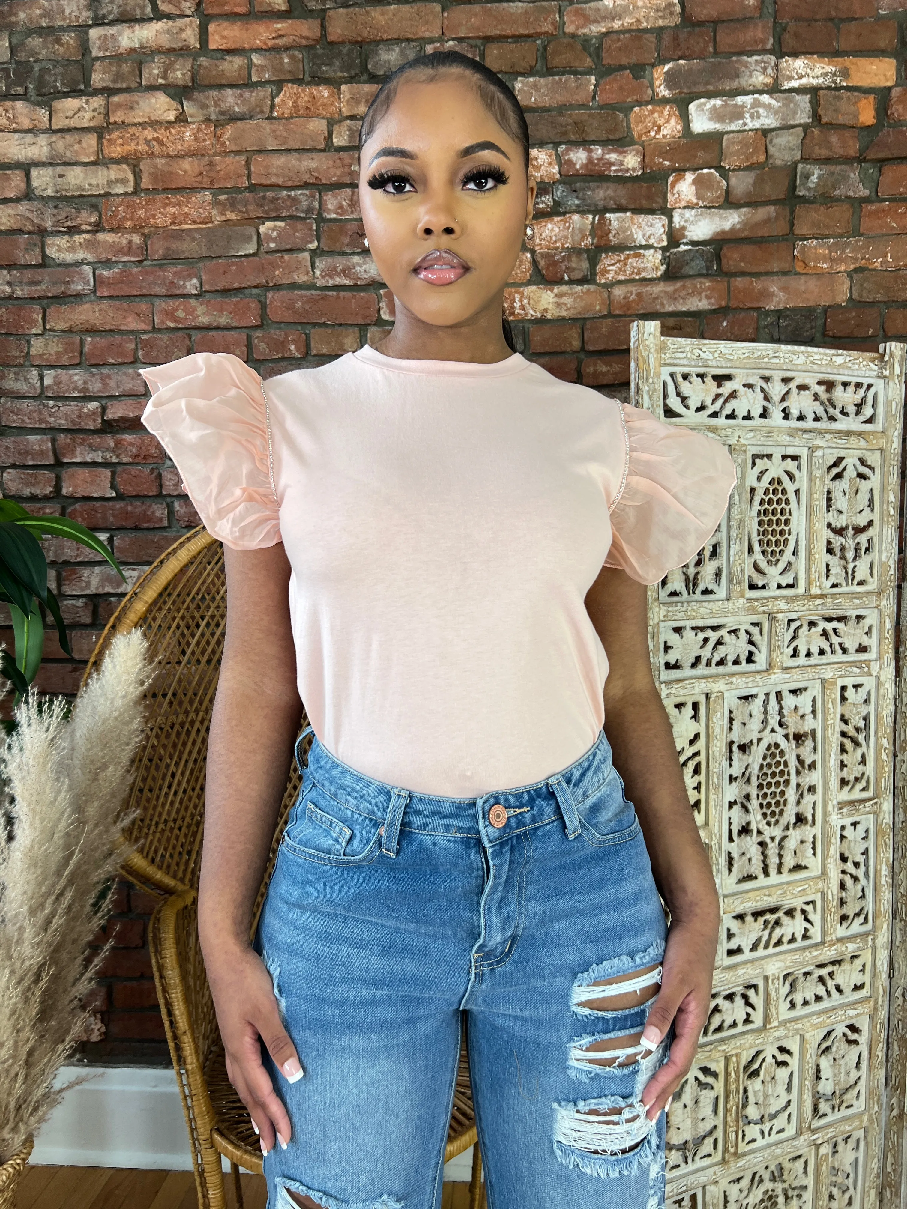 Ruffle Sleeve Tee- Pink