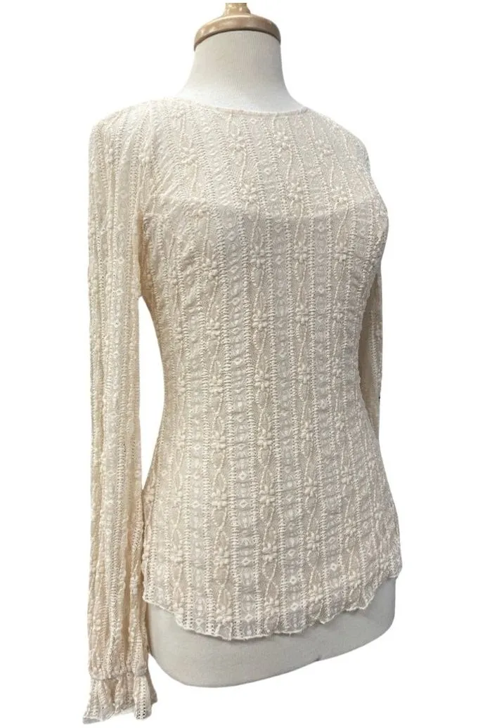 SARAH Long Ruffled Sleeves Crew Neckline Textured Lace Top Cream