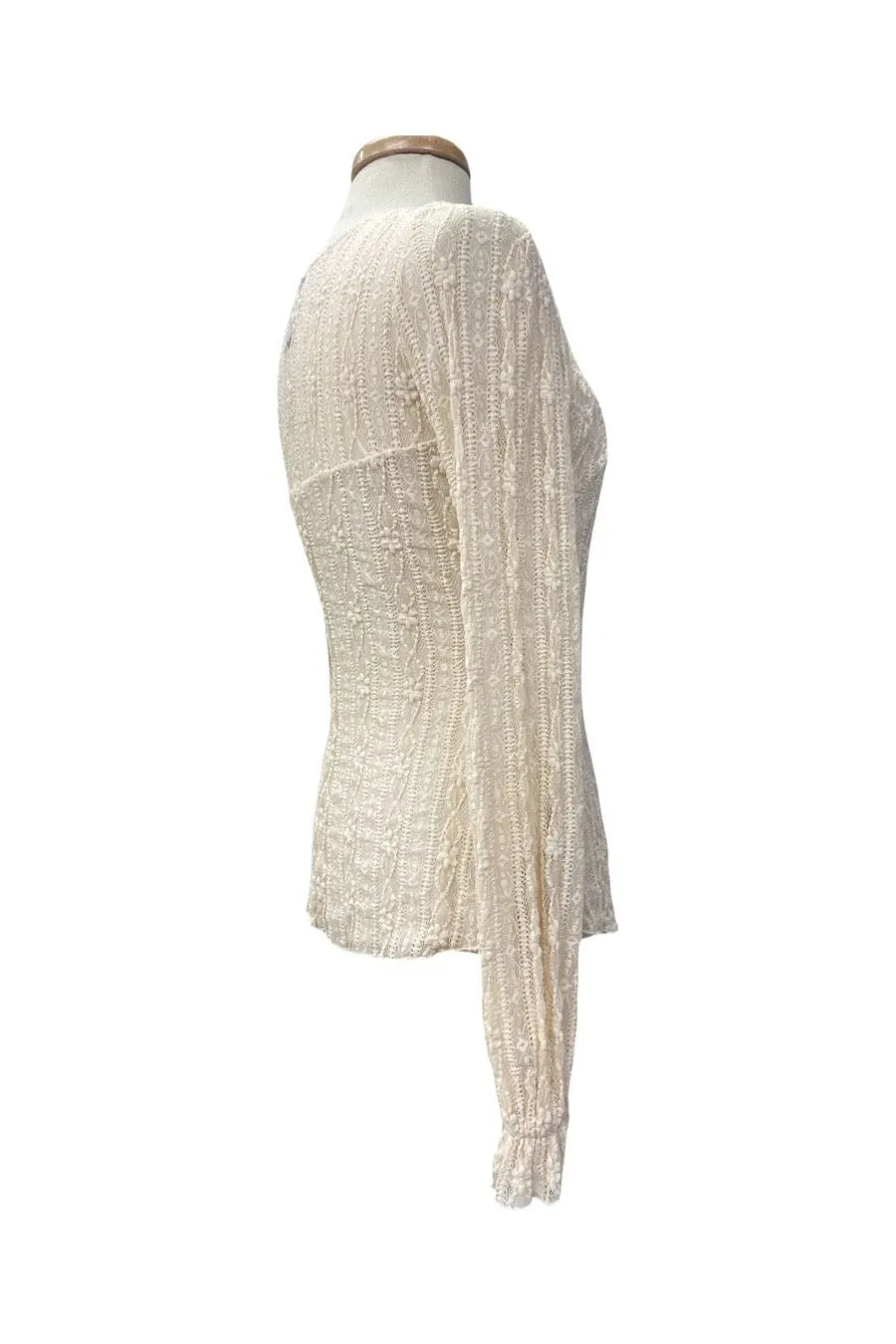 SARAH Long Ruffled Sleeves Crew Neckline Textured Lace Top Cream