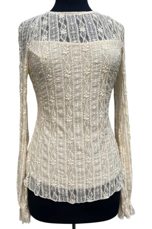 SARAH Long Ruffled Sleeves Crew Neckline Textured Lace Top Cream