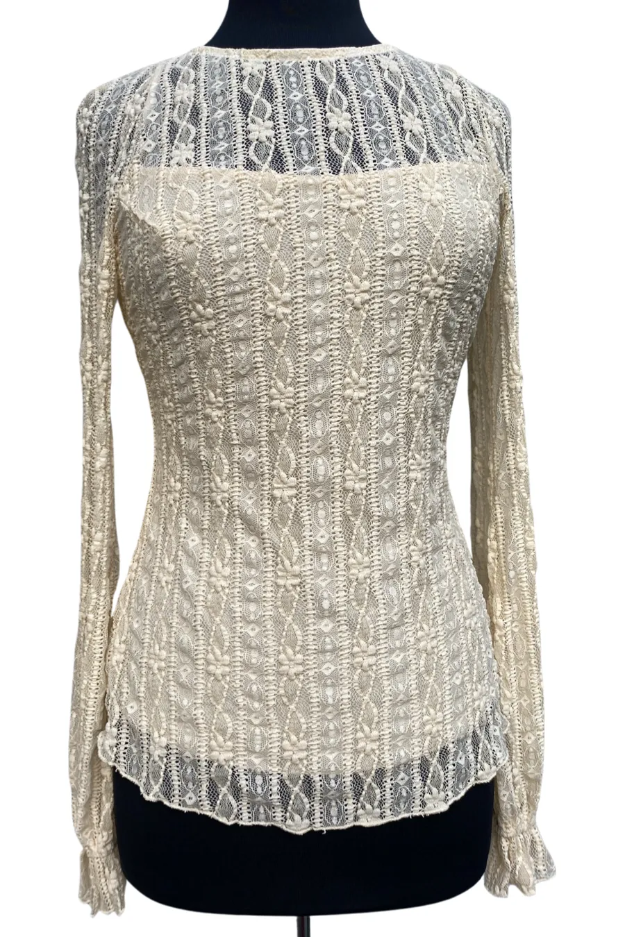 SARAH Long Ruffled Sleeves Crew Neckline Textured Lace Top Cream
