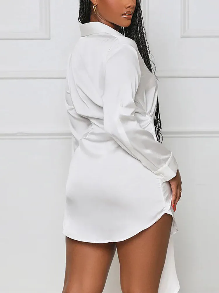Satin Tie Waist Button Down Shirts Dress