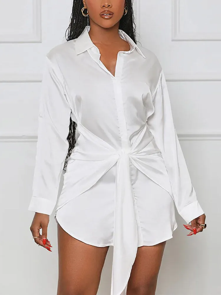 Satin Tie Waist Button Down Shirts Dress