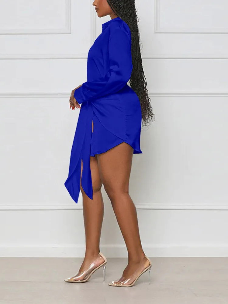 Satin Tie Waist Button Down Shirts Dress