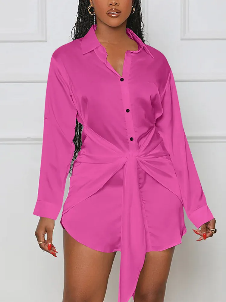 Satin Tie Waist Button Down Shirts Dress