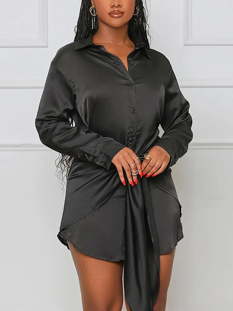 Satin Tie Waist Button Down Shirts Dress