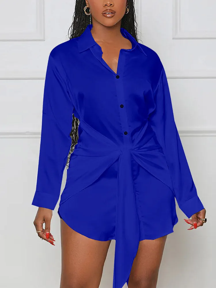 Satin Tie Waist Button Down Shirts Dress