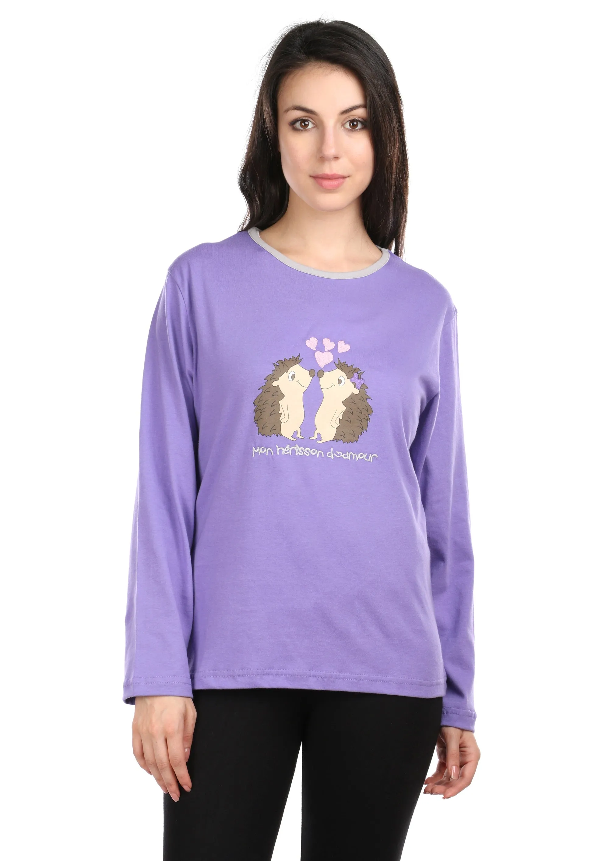 Semantic Women's Cotton T-Shirt - Hedgehog Embroidered (Loose Fit)