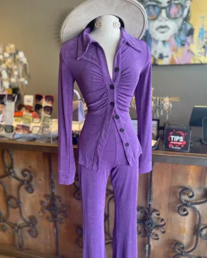 Shirring Button Shirt and Bell Bottom Pants