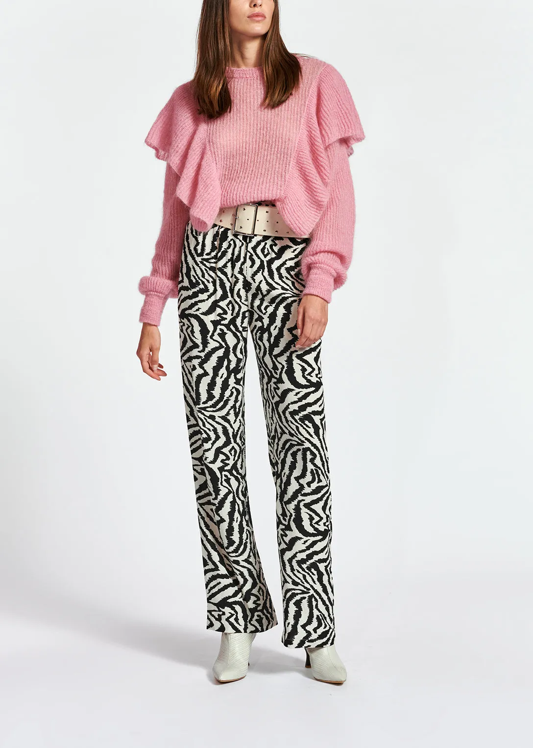Soft pink mohair-wool blend ruffle sweater