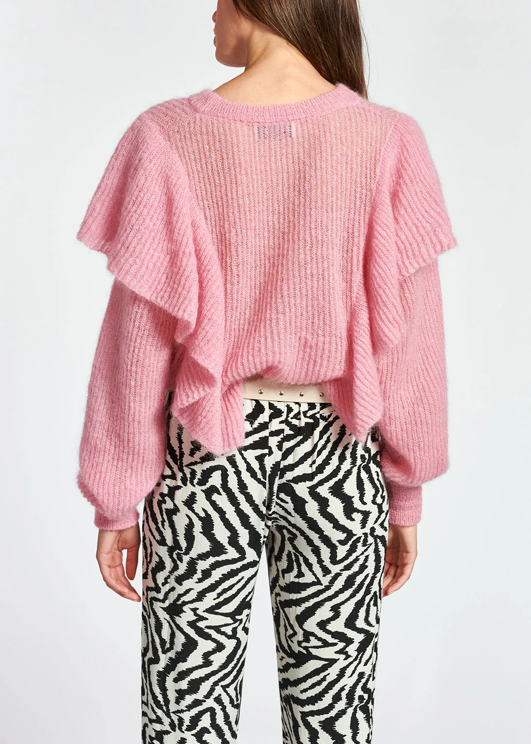 Soft pink mohair-wool blend ruffle sweater