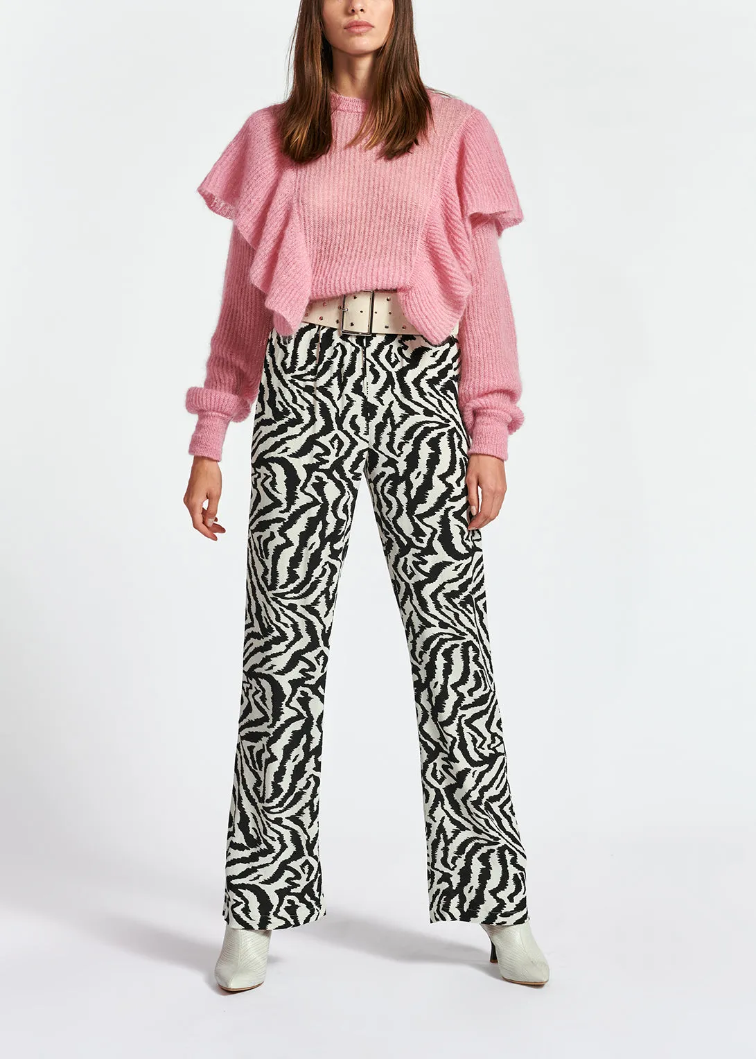 Soft pink mohair-wool blend ruffle sweater