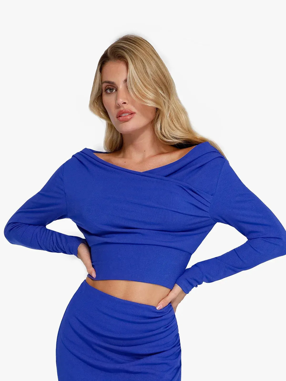 Solid Long-Sleeve Rib Modal Off-the-Shoulder Slimming Crop Top