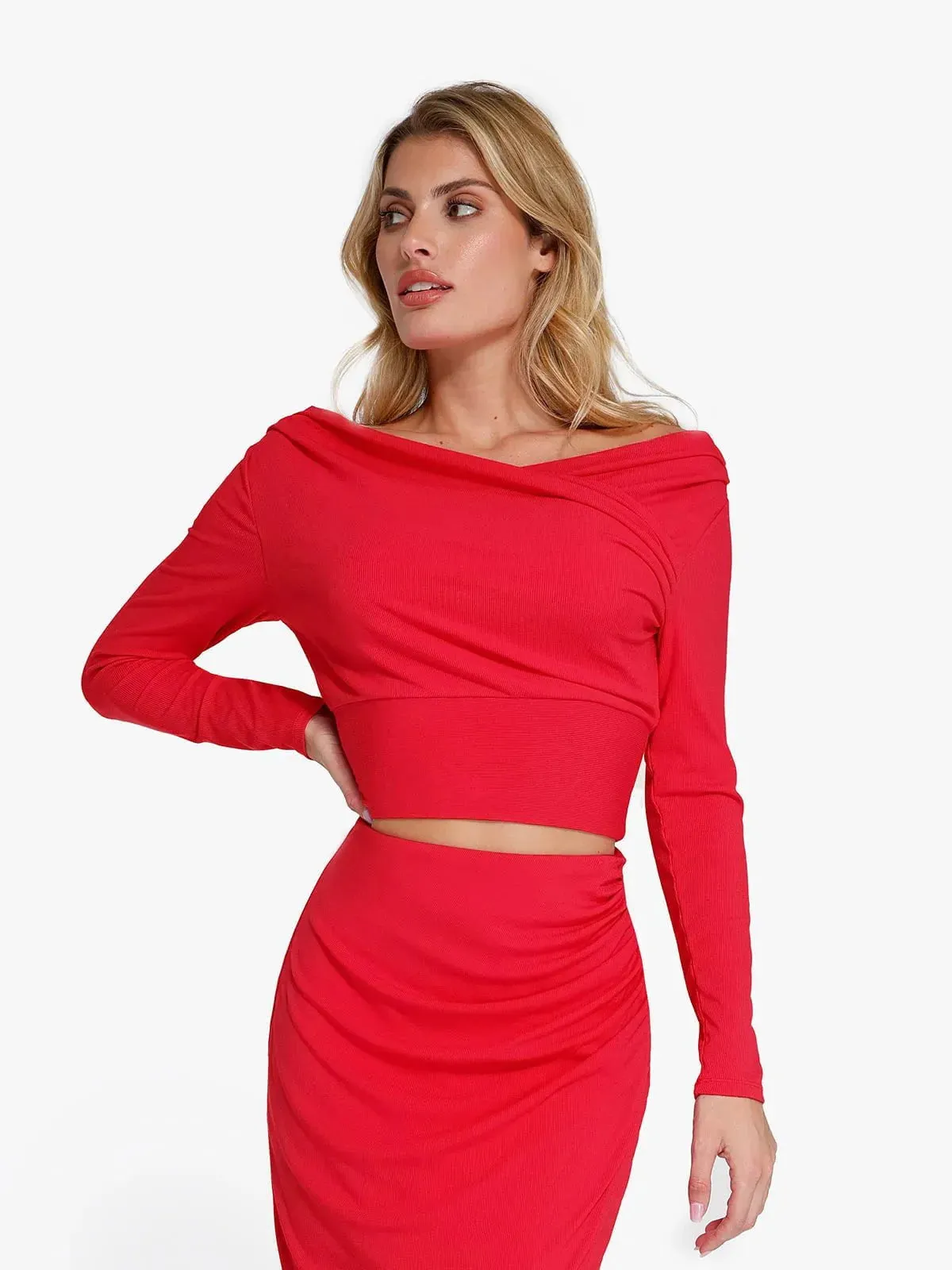 Solid Long-Sleeve Rib Modal Off-the-Shoulder Slimming Crop Top