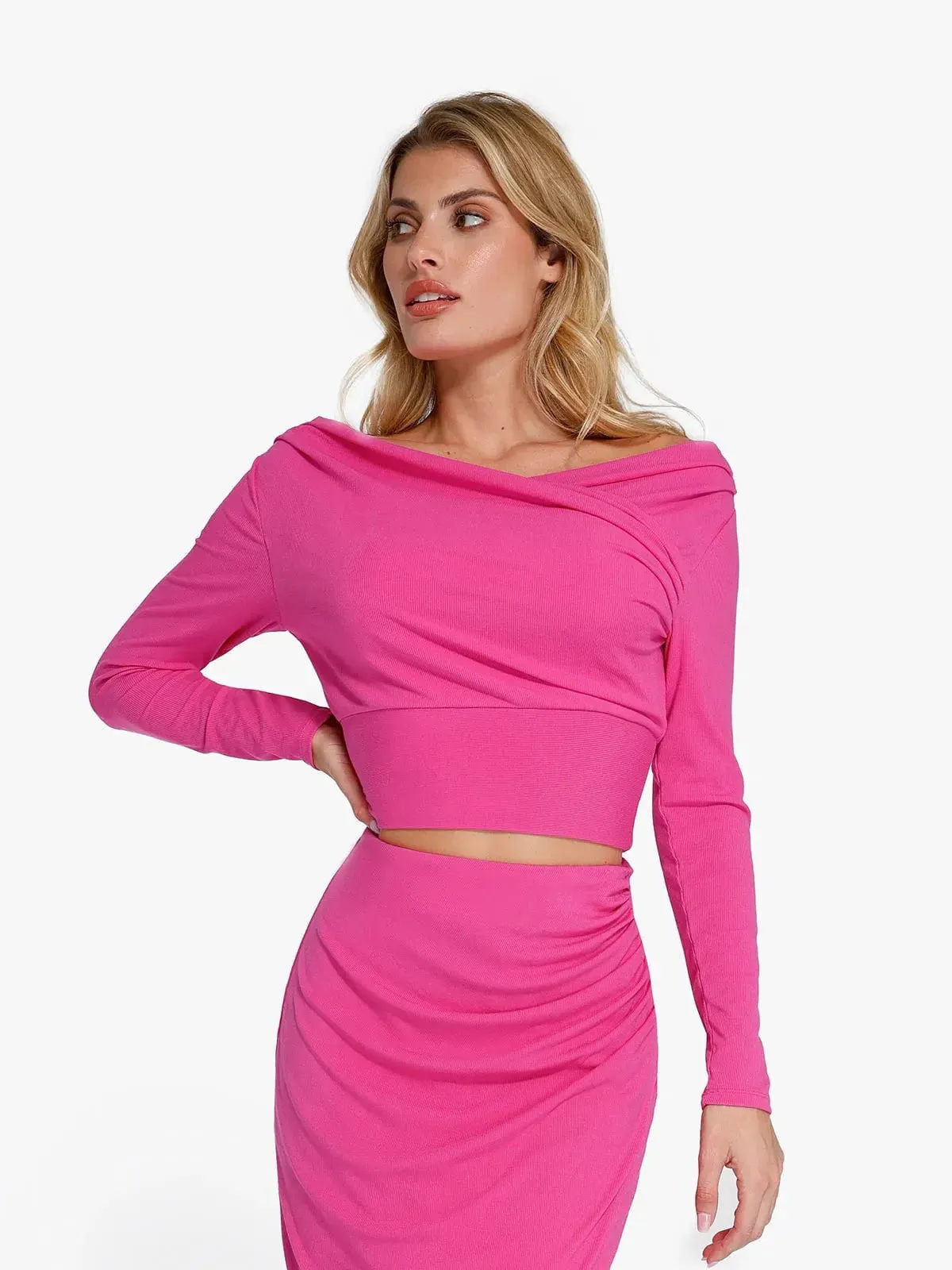 Solid Long-Sleeve Rib Modal Off-the-Shoulder Slimming Crop Top