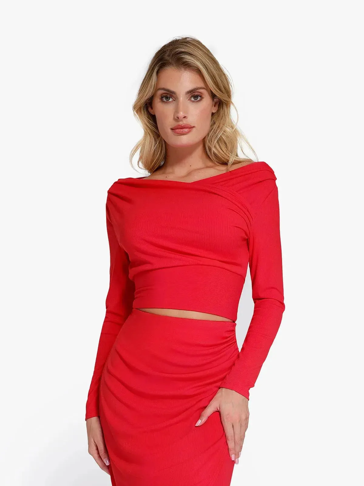 Solid Long-Sleeve Rib Modal Off-the-Shoulder Slimming Crop Top