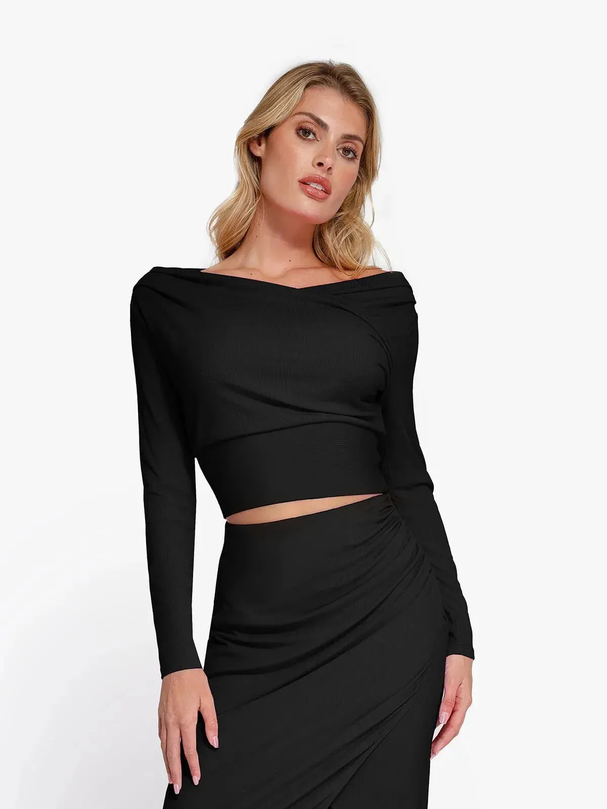 Solid Long-Sleeve Rib Modal Off-the-Shoulder Slimming Crop Top