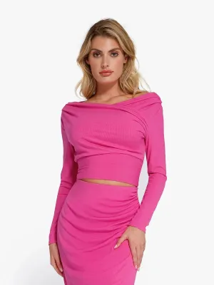 Solid Long-Sleeve Rib Modal Off-the-Shoulder Slimming Crop Top
