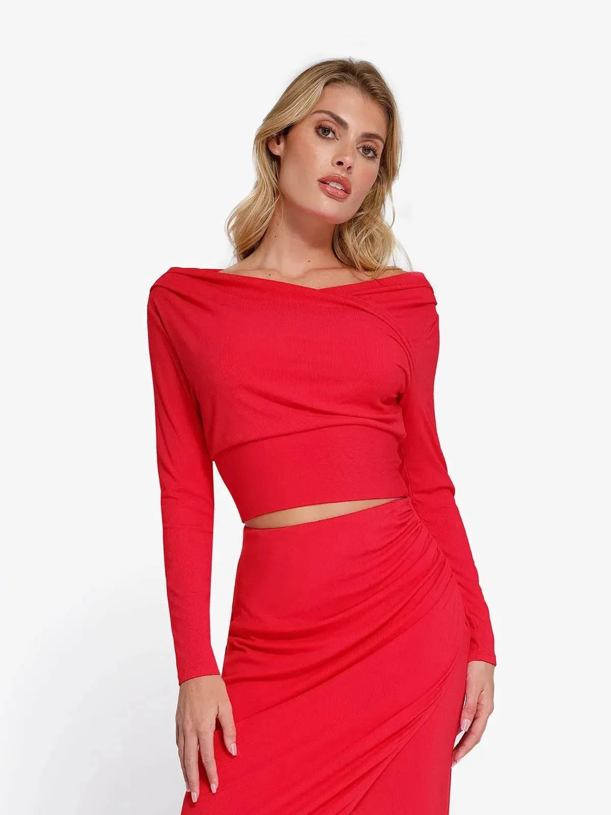 Solid Long-Sleeve Rib Modal Off-the-Shoulder Slimming Crop Top