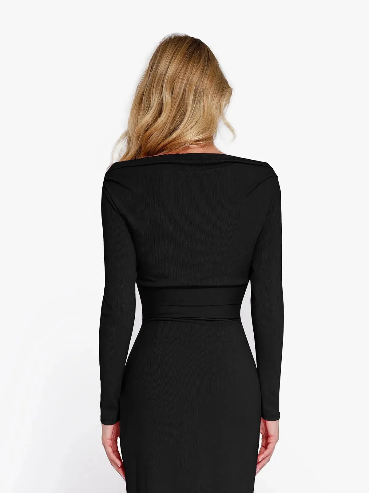 Solid Long-Sleeve Rib Modal Off-the-Shoulder Slimming Crop Top