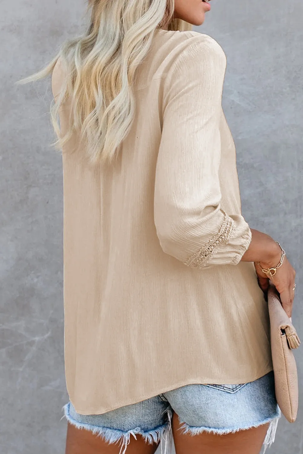 Solid V Neck Lace Decor Buttons Shirt