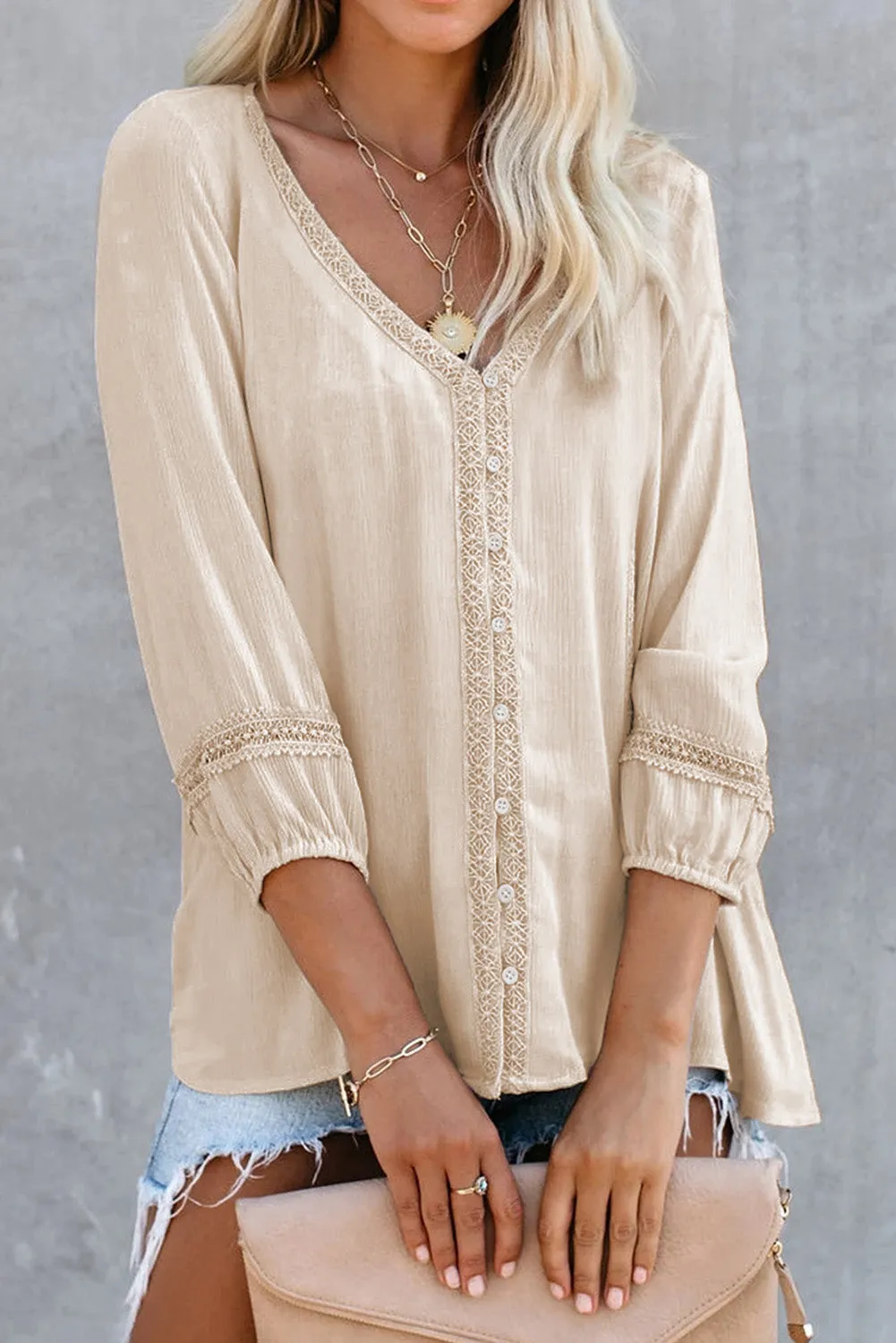 Solid V Neck Lace Decor Buttons Shirt