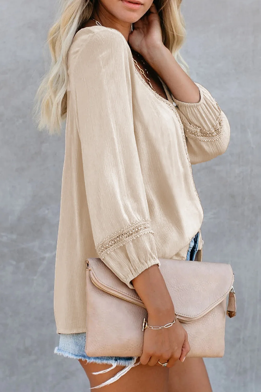 Solid V Neck Lace Decor Buttons Shirt