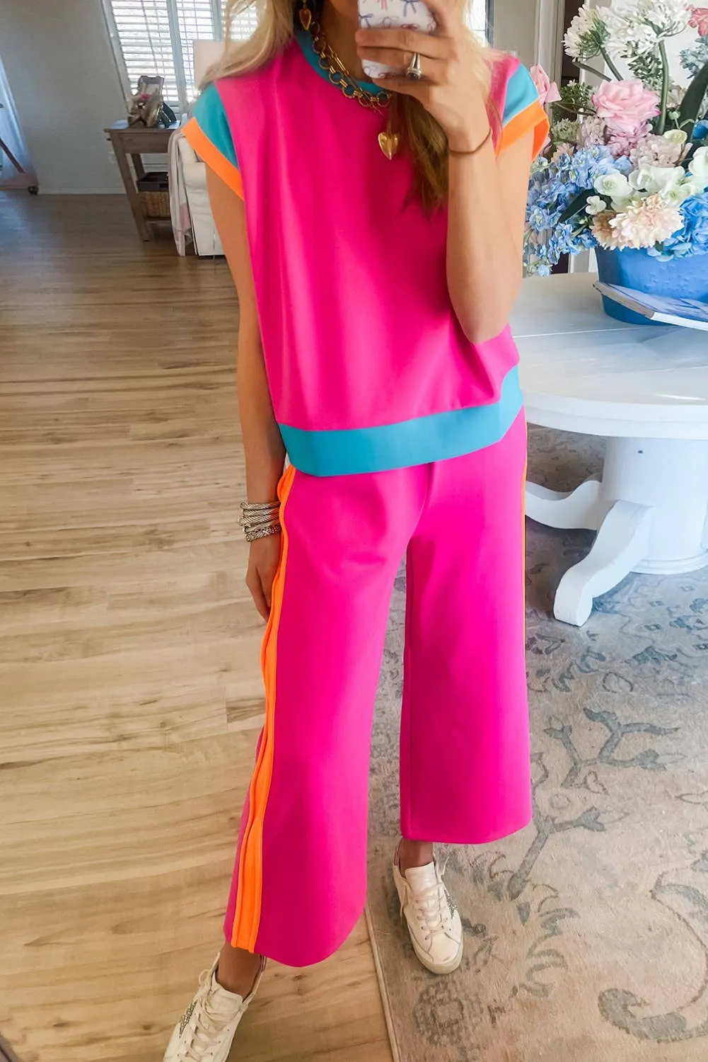 Strawberry Pink Color Block Detail Casual Two-piece Outfit