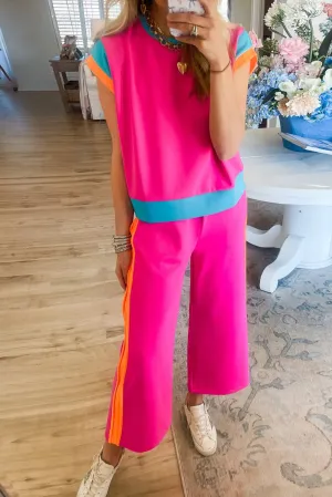 Strawberry Pink Color Block Detail Casual Two-piece Outfit