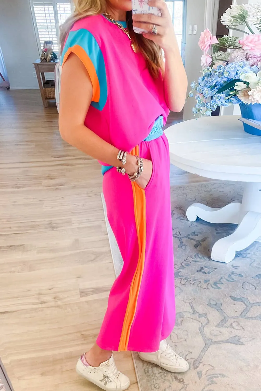 Strawberry Pink Color Block Detail Casual Two-piece Outfit