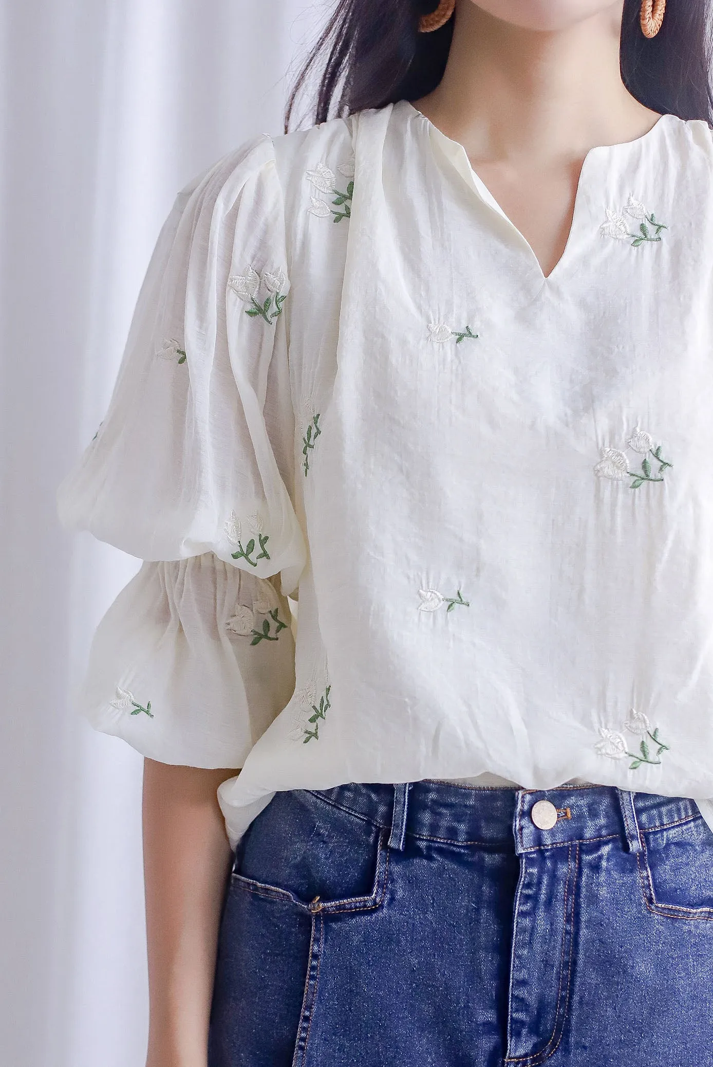 TDC Lassie Tiered Puffy Sleeve Top In Cream Embro