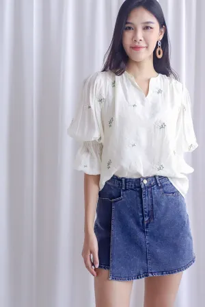 TDC Lassie Tiered Puffy Sleeve Top In Cream Embro
