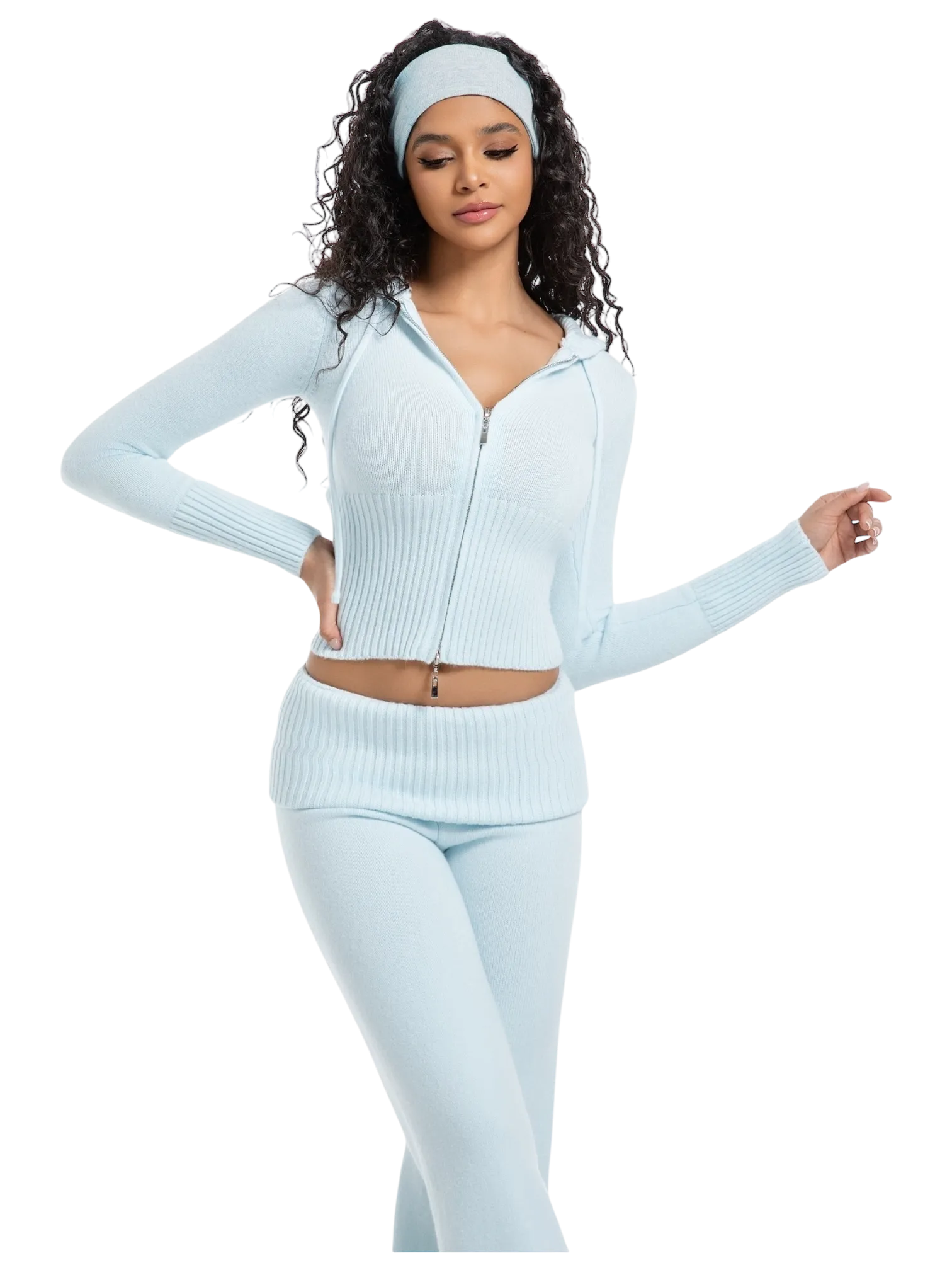 That Girl Rib Knit Fold Over Straight Leg Pants (Baby Blue)