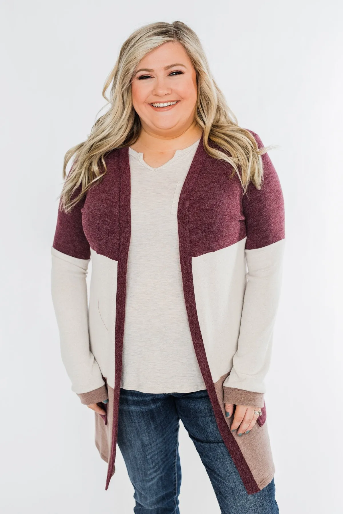 Until Tomorrow Color Block Cardigan- Plum & Mocha