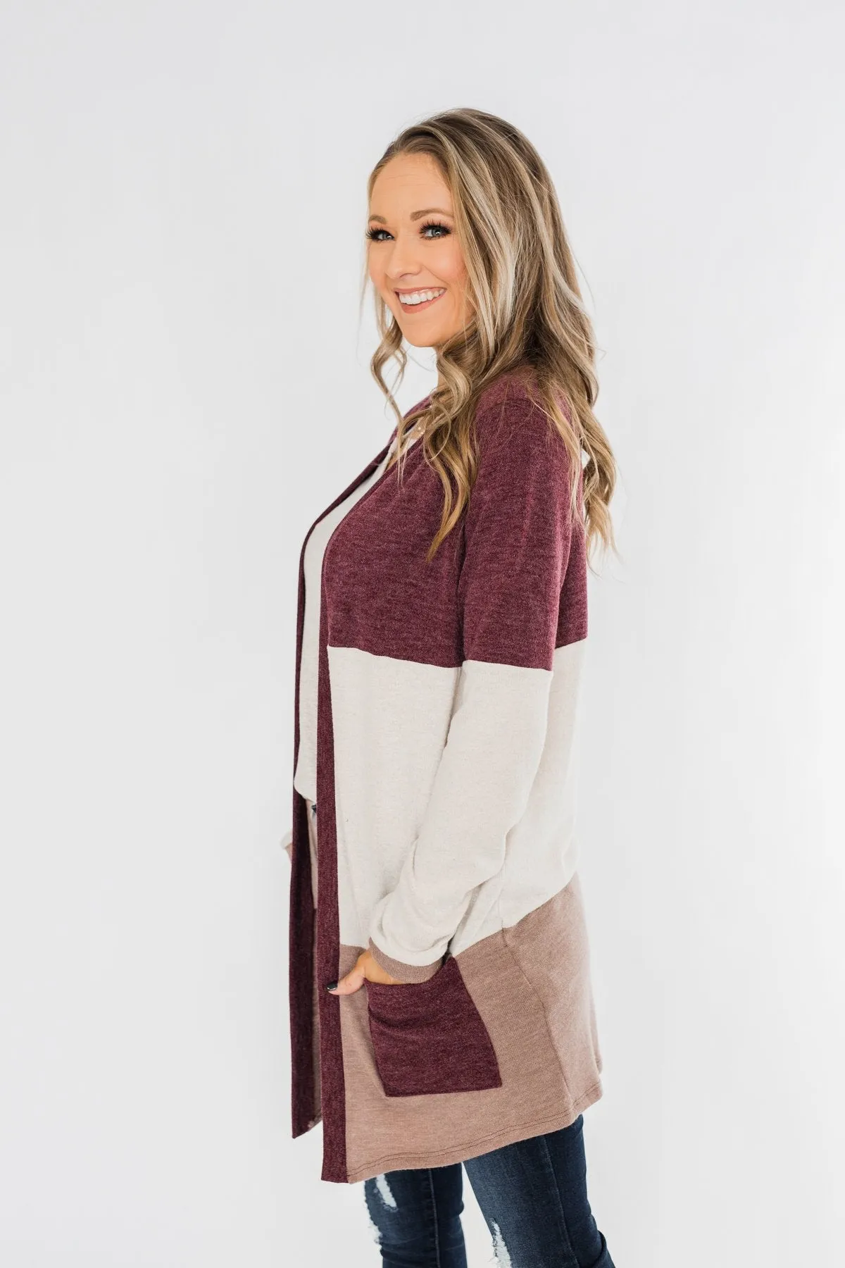 Until Tomorrow Color Block Cardigan- Plum & Mocha