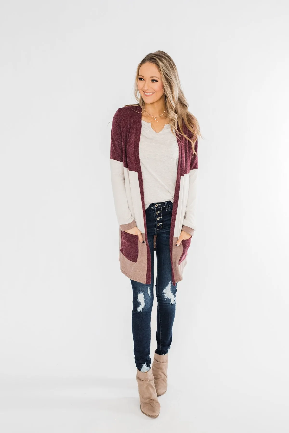 Until Tomorrow Color Block Cardigan- Plum & Mocha