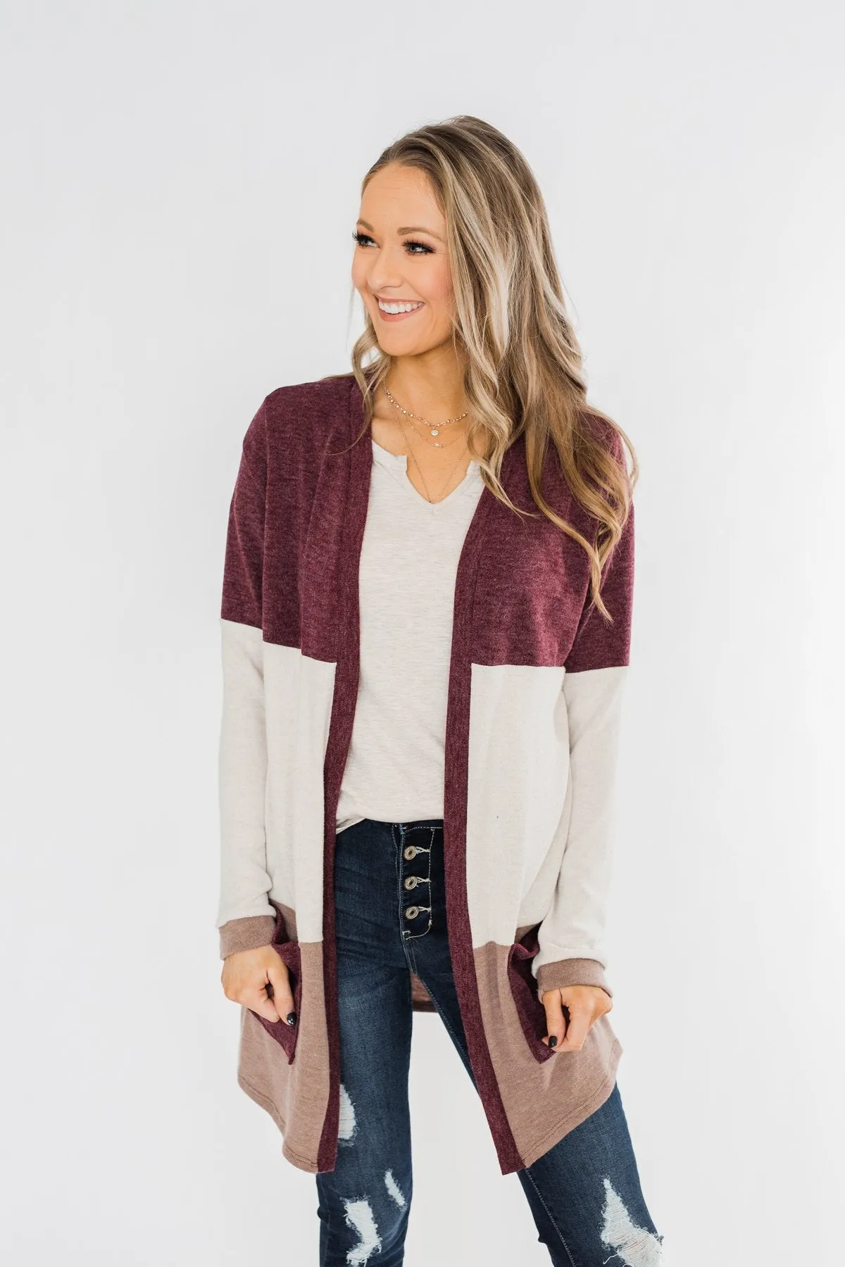 Until Tomorrow Color Block Cardigan- Plum & Mocha