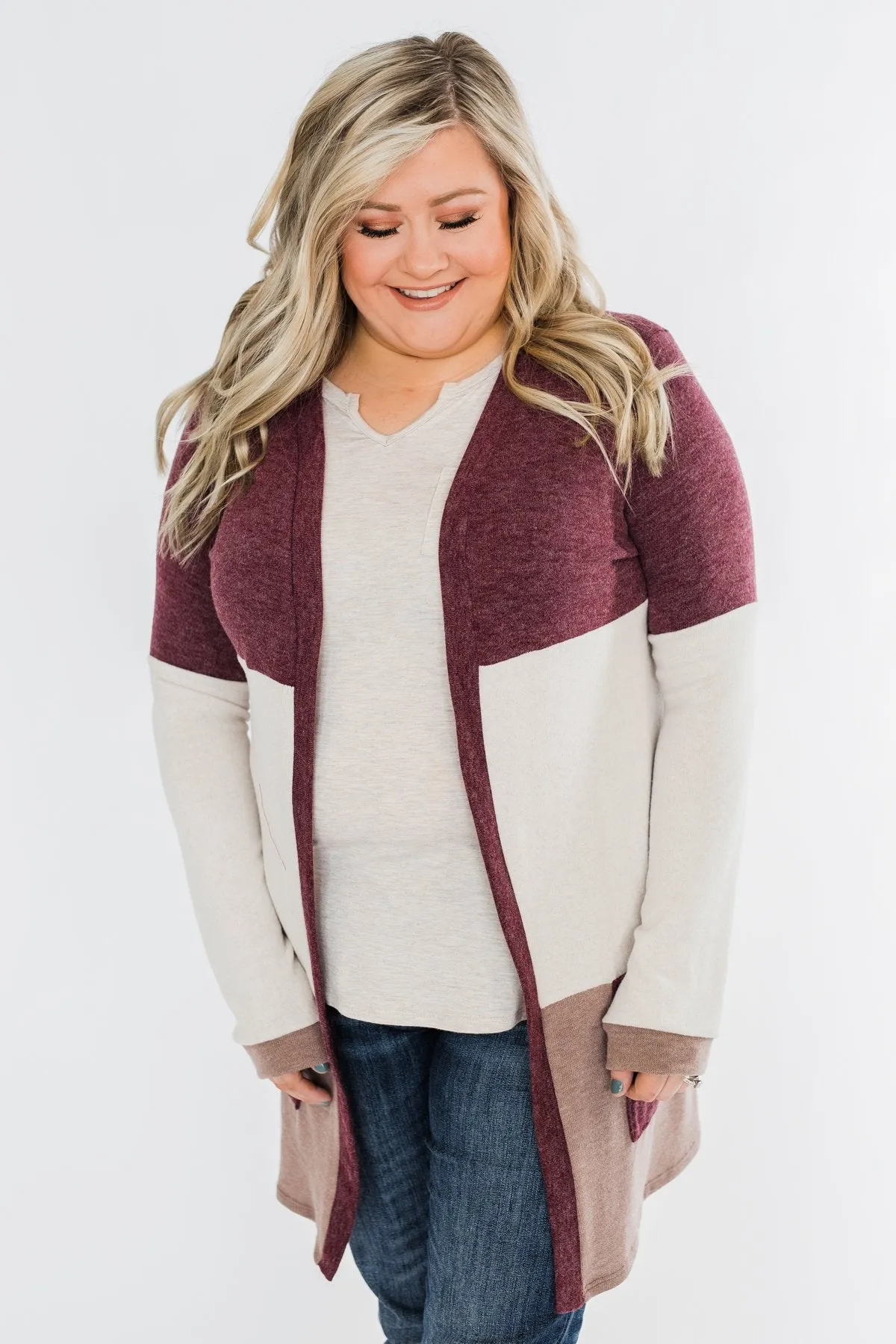 Until Tomorrow Color Block Cardigan- Plum & Mocha