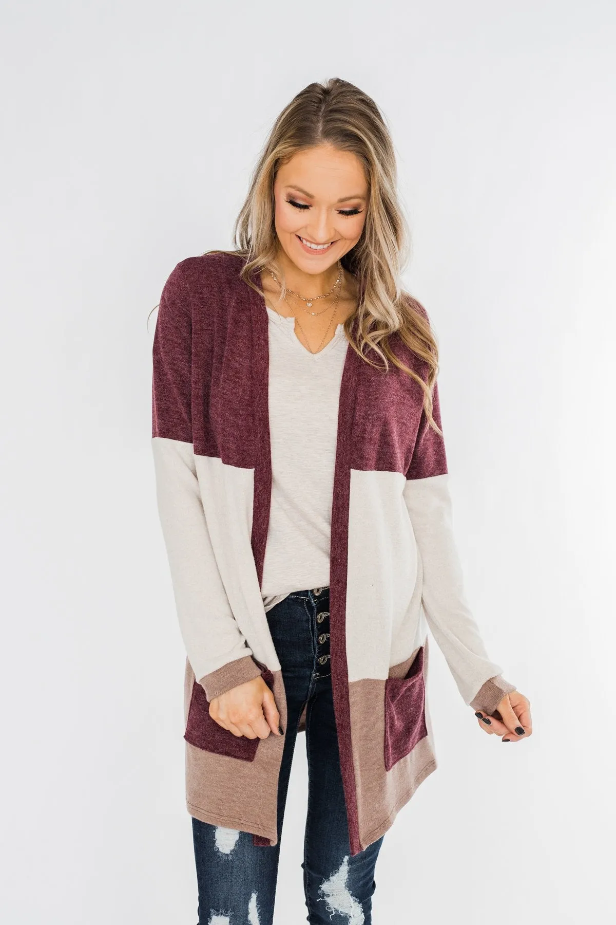 Until Tomorrow Color Block Cardigan- Plum & Mocha