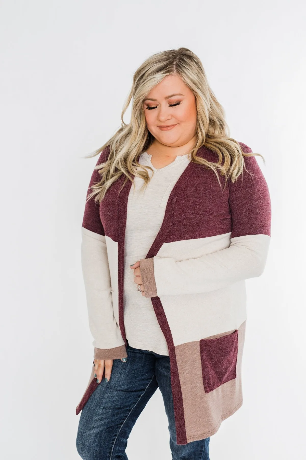 Until Tomorrow Color Block Cardigan- Plum & Mocha