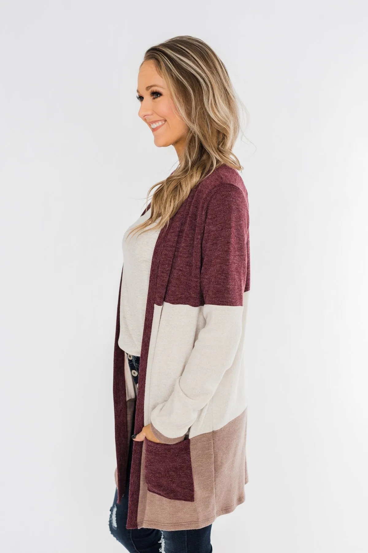 Until Tomorrow Color Block Cardigan- Plum & Mocha