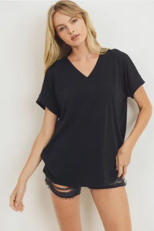 V Neck Short Cuffed Sleeve French Terry Top