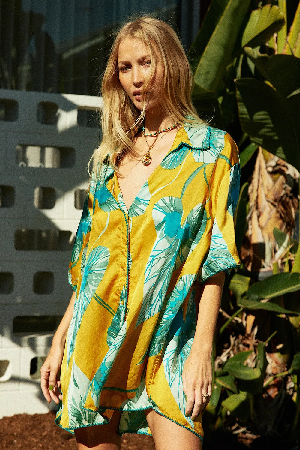 Valley Of Peace Silk Satin Super Oversized Shirt - leaf