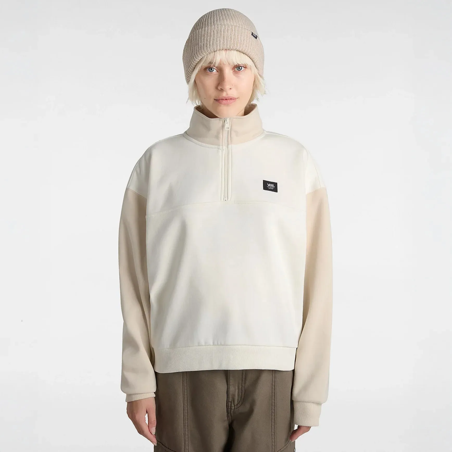 Vans Colourblock Half Zip Mock Neck Sweatshirt - Marshmallow/Oatmeal