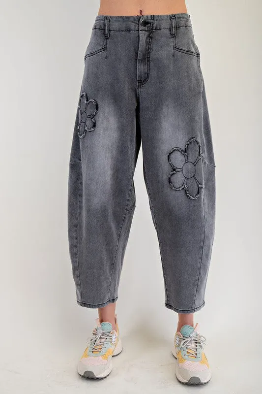 Washed Flower Patch Black Denim Barrel Pants