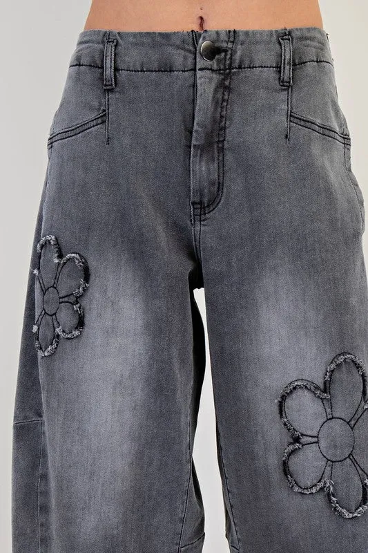 Washed Flower Patch Black Denim Barrel Pants
