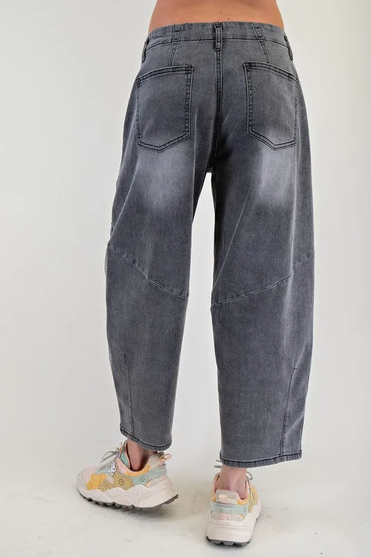 Washed Flower Patch Black Denim Barrel Pants